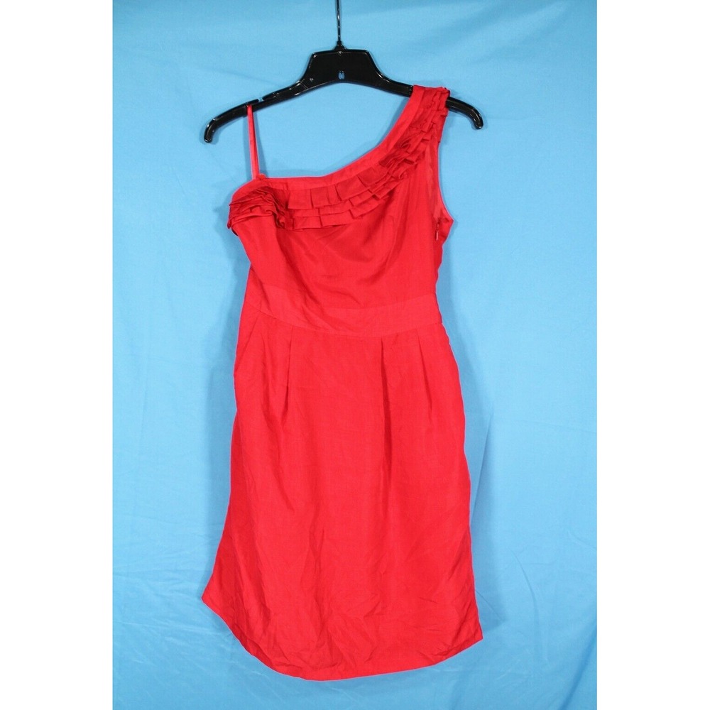 THE LIMITED Lined SATIN Red RUFFLE ONE-SHOULDER Pockets PLEATED Sheath Dress S